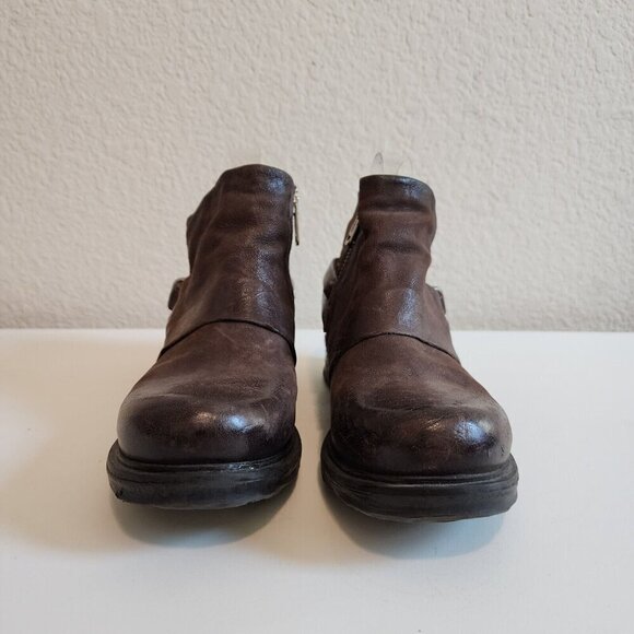 AS 98 Steve Chocolate Brown Leather Studded Moto Zip Buckle Booties 36/5.5-6 - Picture 5 of 11